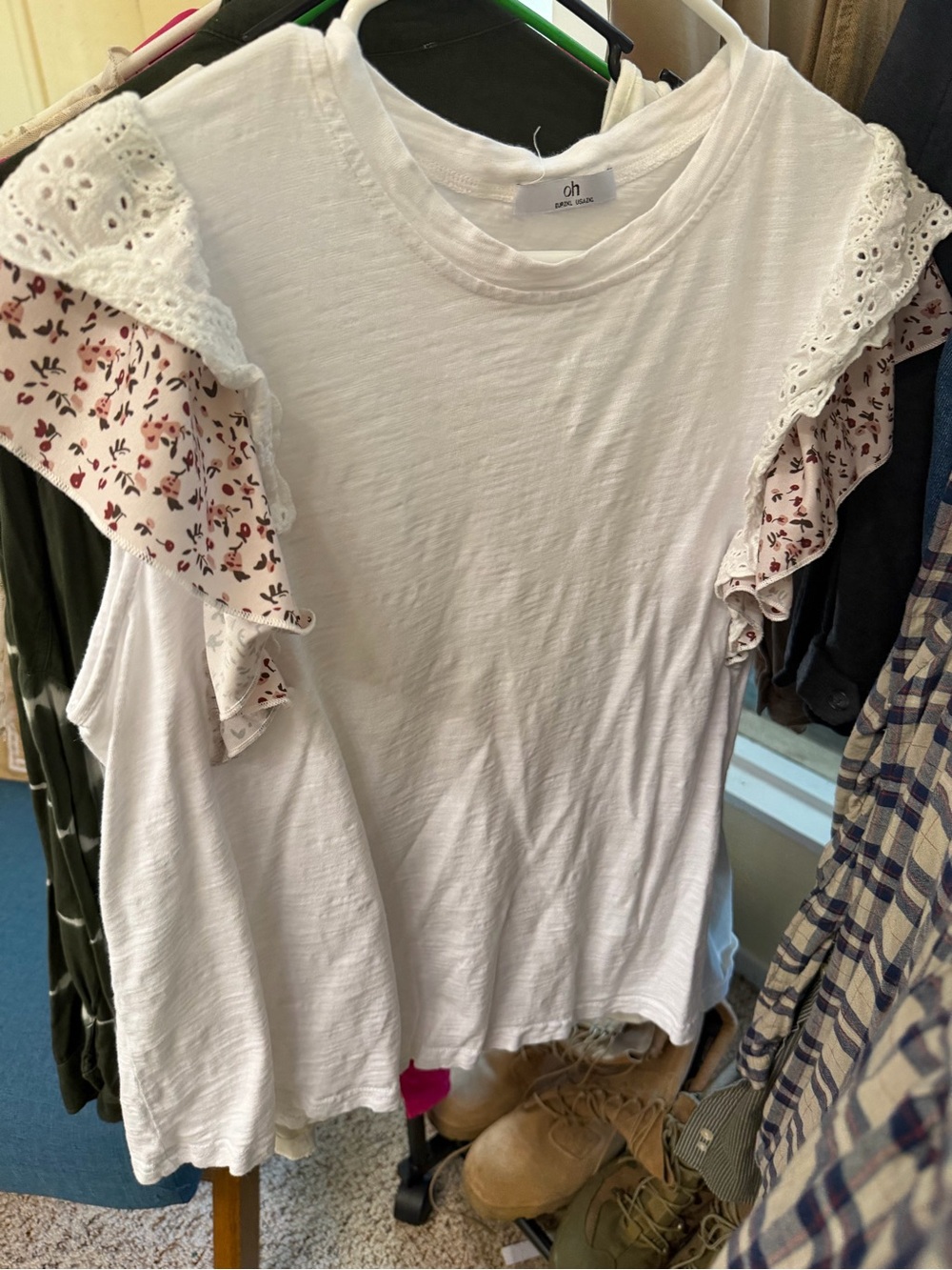 Oh White Tank with Pink Floral Ruffle Sleeves